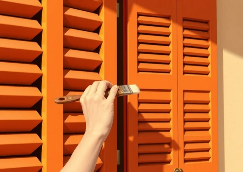 Mise en peinture au pinceau de volets et d'encadrements en bois