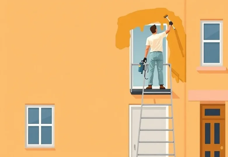 Peintre sur échafaudage traitant la façade d'une maison