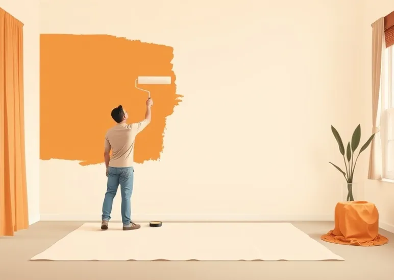 Peintre appliquant la peinture au rouleau sur un mur de salon